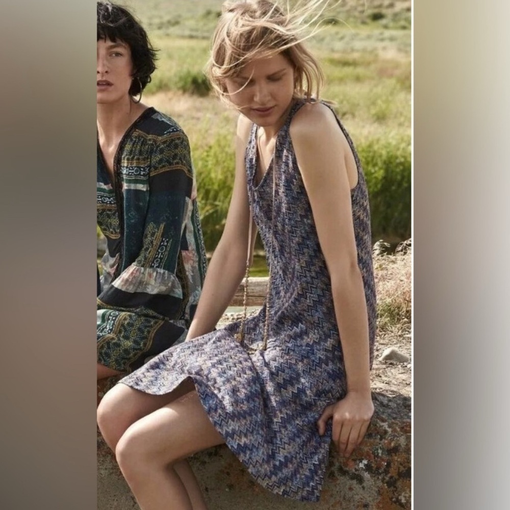 NWT Anthropologie Maeve Westwater Knit Zigzag Drop Waist Dress Blue Size M